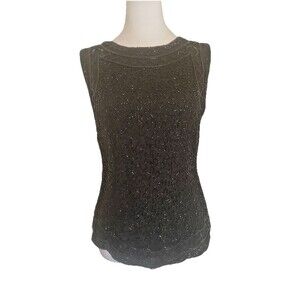 Vintage Stenay Silk Beaded Top Black Sleeveless Scalloped Hem Size M Glam